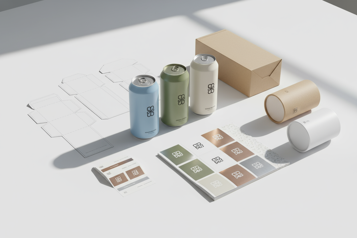 A clean product design flat lay showing drink can mockups, printed dielines, labels, and packaging samples arranged neatly on a white table, minimal branding, elegant lighting.